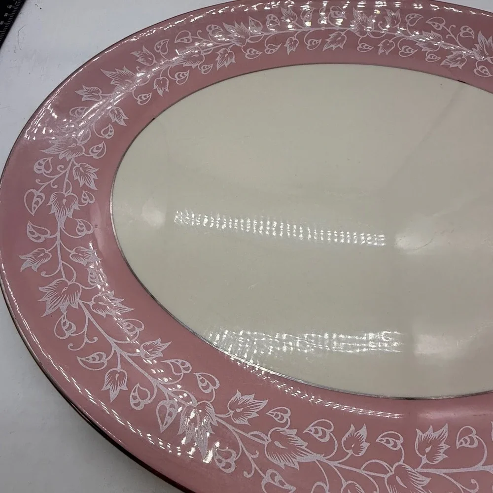 Flintridge China Pink White Floral Vine Oval Serving Platter California MCM‎ Vtg